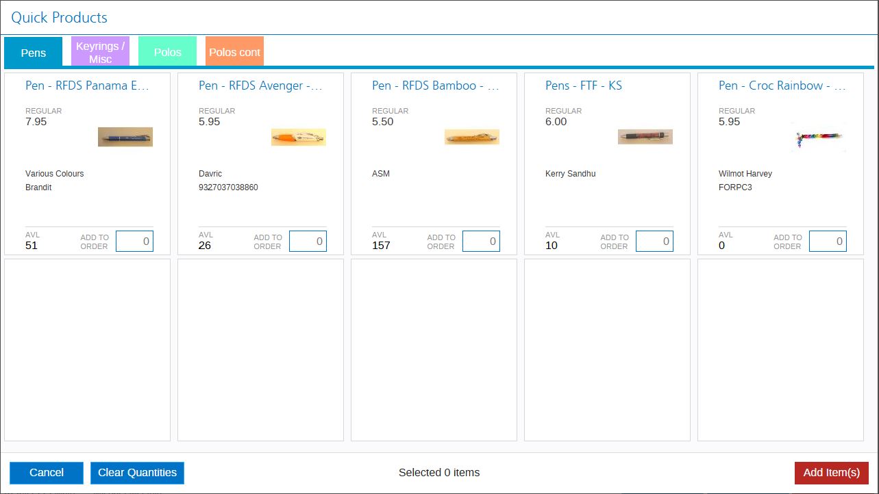 Screenshot of the retail Quick Products menu